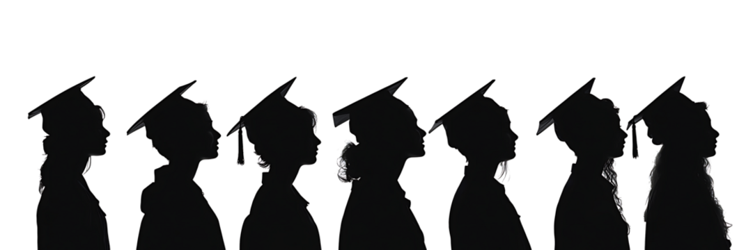 Silhouettes of diverse graduates wearing caps and gowns celebrating their academic achievement against isolated on white background.PNG