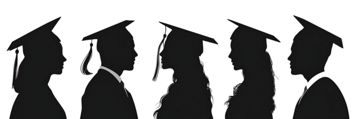 Silhouettes of diverse graduates wearing caps and gowns celebrating their academic achievement against isolated on white background.PNG