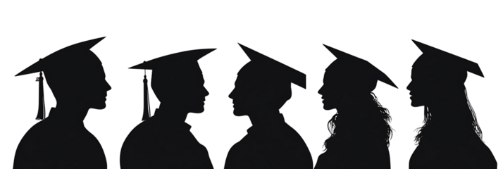 silhouettes of people wearing graduation caps and gowns. The silhouettes are of a man and a woman, isolated on white background.PNG