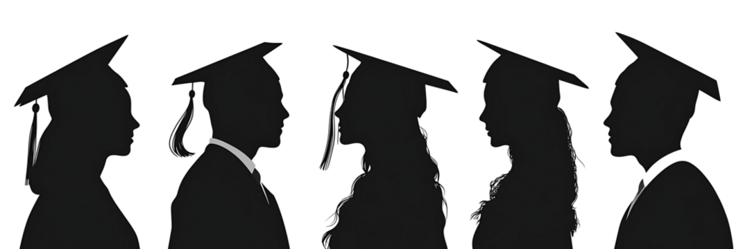 Silhouettes of diverse graduates wearing caps and gowns celebrating their academic achievement against isolated on white background.PNG