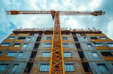 Modern Construction Site with Crane and Building Progress Overview