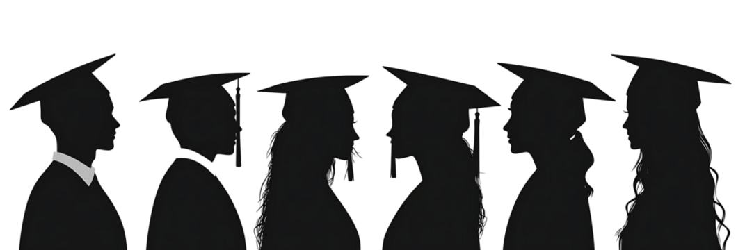 silhouettes of people wearing graduation caps and gowns. The silhouettes are of a man and a woman, isolated on white background.PNG