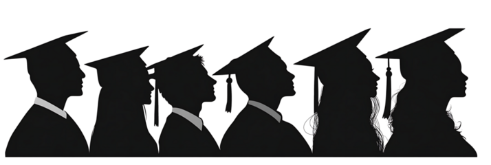 silhouettes of people wearing graduation caps and gowns. The silhouettes are of a man and a woman, isolated on white background.PNG