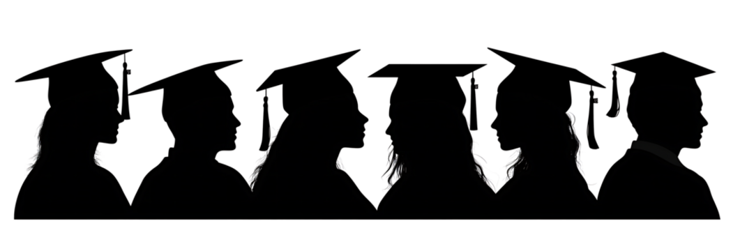 silhouettes of people wearing graduation caps and gowns. The silhouettes are of a man and a woman, isolated on white background.PNG
