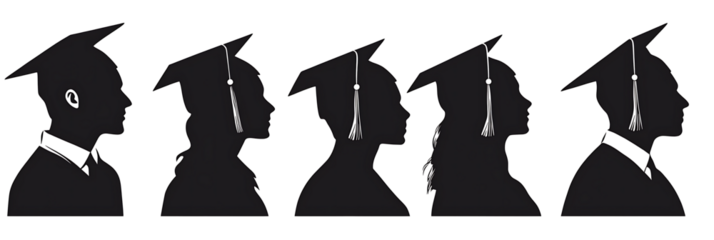 Silhouettes of people wearing graduation caps  isolated on white background.PNG