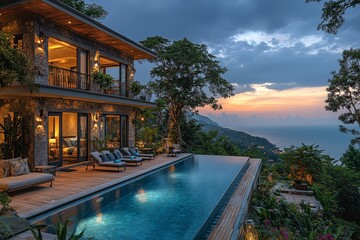 Fototapeta premium Luxury villa with swimming pool and wooden deck overlooking Phuket beach, ocean view, dark clouds, and panoramic night sky.