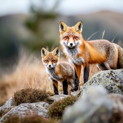 Fototapeta premium A fox showing her kits how to navigate a rocky hillside.