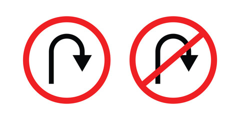 U turn right prohibited road sign, no right u turn allowed, move direction forbidden, red crossed circle vector pictogram in eps 10.