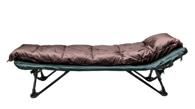 Comfortable folding camping cot for outdoor relaxation. transparent background