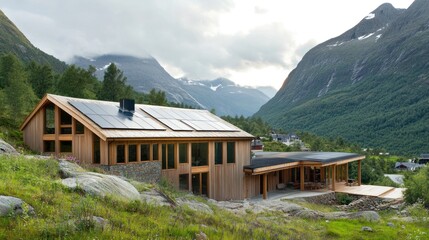 Modern wooden house with solar panels in a mountainous landscape.