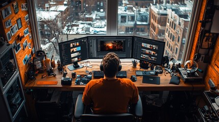 Man editing video on triple monitor setup.