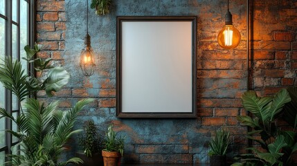 Vintage Loft Interior with Blank Frame and Plants