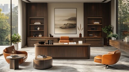 Luxurious modern home office with curved wooden desk, leather armchairs, built-in shelves, and large window.