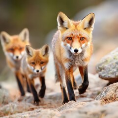 Fototapeta premium A fox showing her kits how to navigate a rocky hillside.