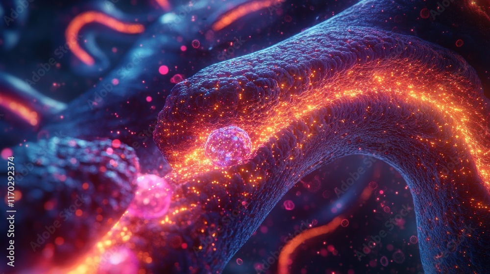 Poster cellular processes illuminated microscopic interaction of particles in vibrant 3d environment