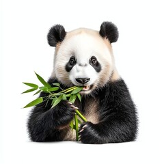 Naklejka premium A cute panda munching on bamboo, showcasing its distinctive black and white fur and playful demeanor.