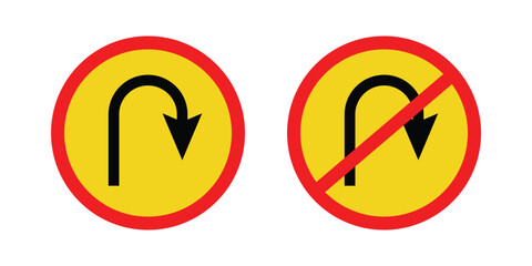 U turn right prohibited road sign, no right u turn allowed, move direction forbidden, red crossed circle vector pictogram in eps 10.