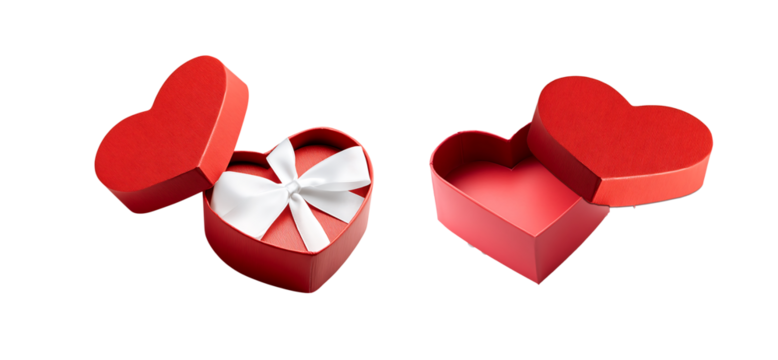 Open Heart-Shaped Red Gift Box with White Ribbon, PNG Set Isolated on Transparent Background - Powered by Adobe