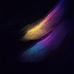 Abstract grainy poster background design, vibrant noise texture purple yellow blue glowing shapes on black banner backdrop