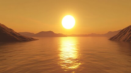 Naklejka premium Golden Hour Sunset over Serene Waters and Mountains