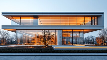 Fototapeta premium Modern Glass House Illuminated At Dusk