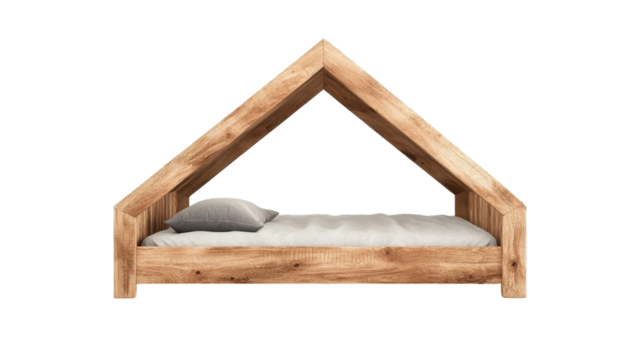 Stylish wooden bed with unique triangular design. transparent background