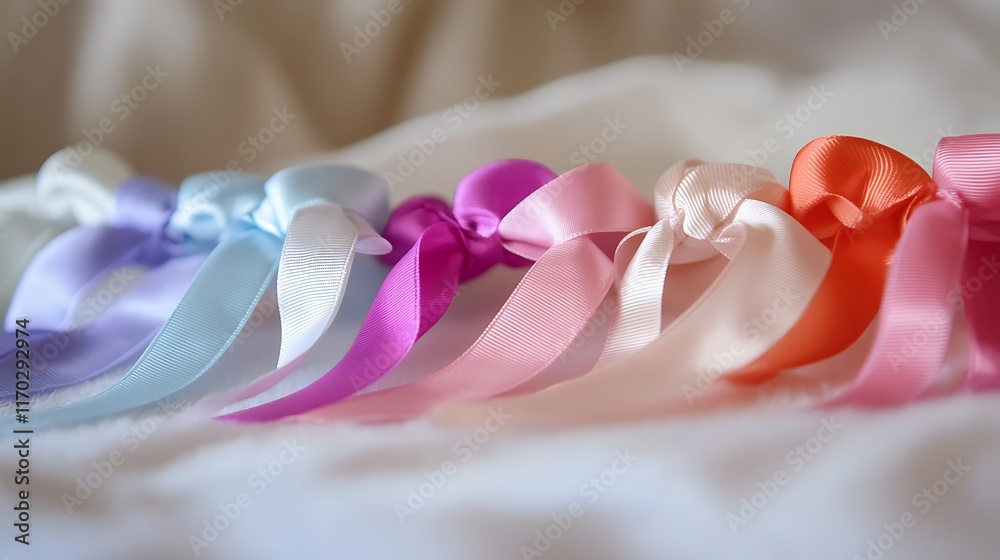 Canvas Prints Colorful satin ribbons tied in bows on white fabric.