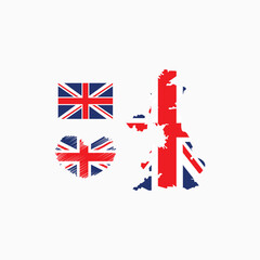 UK map with flag imbedded inside with 2 United Kingdom flags heart flag and straight flag vector illustration