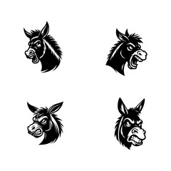 set of black and white angry donkey.