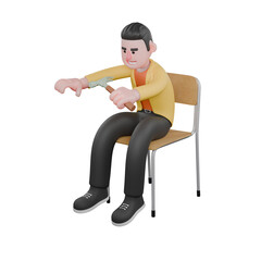 Designer Roles in Art Set 3D Model. A male designer set sits with his body bent over while holding a hammer in his left hand, and his right hand wants to grab something. Cartoon Style