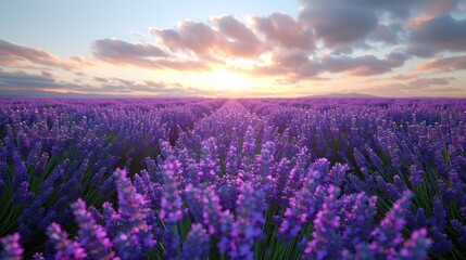 Fototapeta premium Lavender Sunset: A Serene Field of Purple at Golden Hour