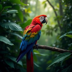 Fototapeta premium In The Lush Depths Of The Tropical Jungle, A Majestic Macaw Perches Proudly Amidst A Canopy Of Vibrant Foliage