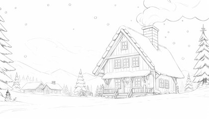 A snowy winter scene featuring a cozy cabin and pine trees.
