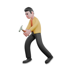 Full Designer Workflow Characters 3D Model. A male designer set runs carrying a hammer in both hands while expressing panic. Cartoon Style