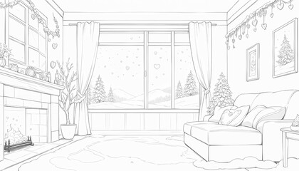 Fototapeta premium Cozy winter living room with a view of snowy trees.