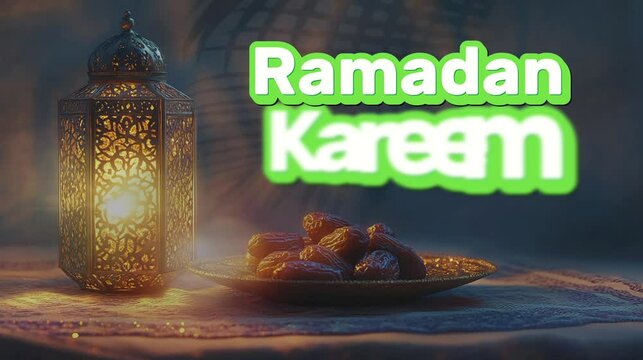 decorative plate of dates intricately designed with lantern and blurred background, with text ramadan Kareem  for greeting 