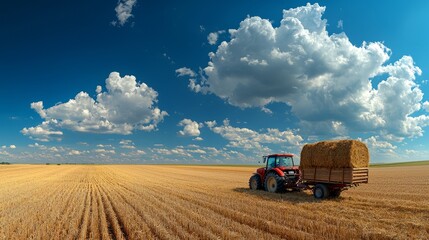 Obraz premium Tractor with Hay Bales on Sunny Farm Landscape