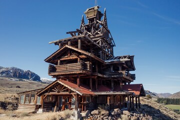 Ruined wooden multi-story structure, likely a historic lodge, sits amidst a mountain valley. Decayed beauty against a clear blue sky. The Smith Mansion, Cody, Wyoming, USA.