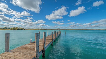 Fototapeta premium Tranquil Wooden Dock Extending into Serene Turquoise Waters Under a Bright Blue Sky