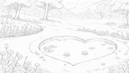 Obraz premium A serene landscape featuring a heart-shaped pond surrounded by nature.