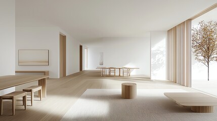 Fototapeta premium Minimalist interior with wooden furniture, large windows, and natural light creating a serene, airy ambiance.
