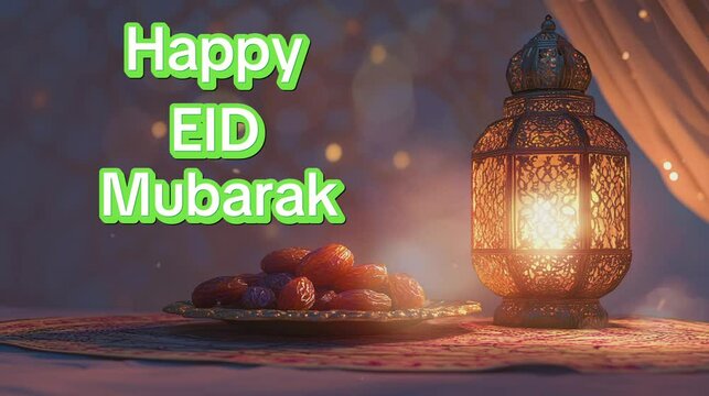 decorative plate of dates intricately designed with lantern and blurred background, with text happy eid Mubarak for greeting 