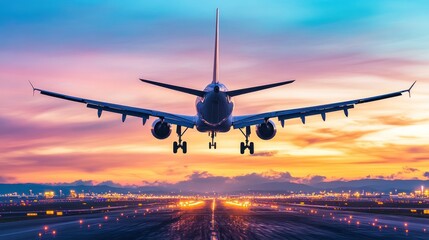Airplane Landing at Sunset: A Breathtaking View of Air Travel