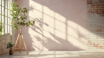 Sunlit indoor plant casting shadows on textured brick wall, minimalist decor with natural light.