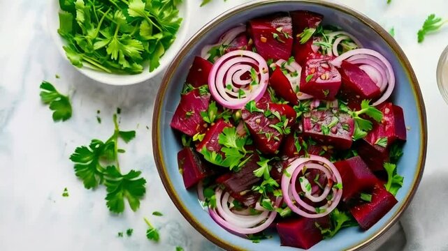 A vibrant beetroot salad featuring diced beets, sliced onions, and fresh parsley.