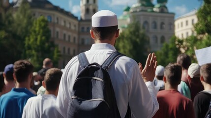 A man in traditional Muslim attire with a backpack gestures to a crowd in a city square.