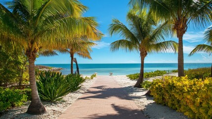 Obraz premium coastal path with lush palm trees and green grass 