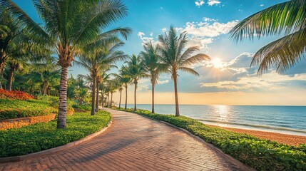 Obraz premium Beautiful walkway with palm trees along the beach