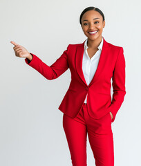 A professional woman wearing a red blazer and white shirt, smiling confidently, pointing with her right hand outward to the side as if indicating a message or text.