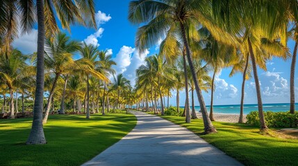 Beautiful walkway with palm trees along the beach